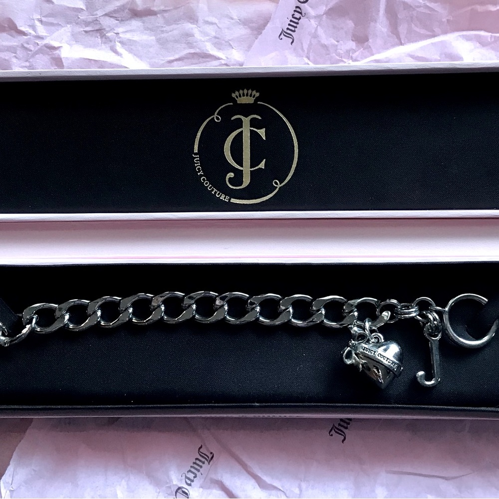 RARE VINTAGE Juicy Couture Silver Chain Link Bracelet w/rare heart bow charm - Picture 2 of 5